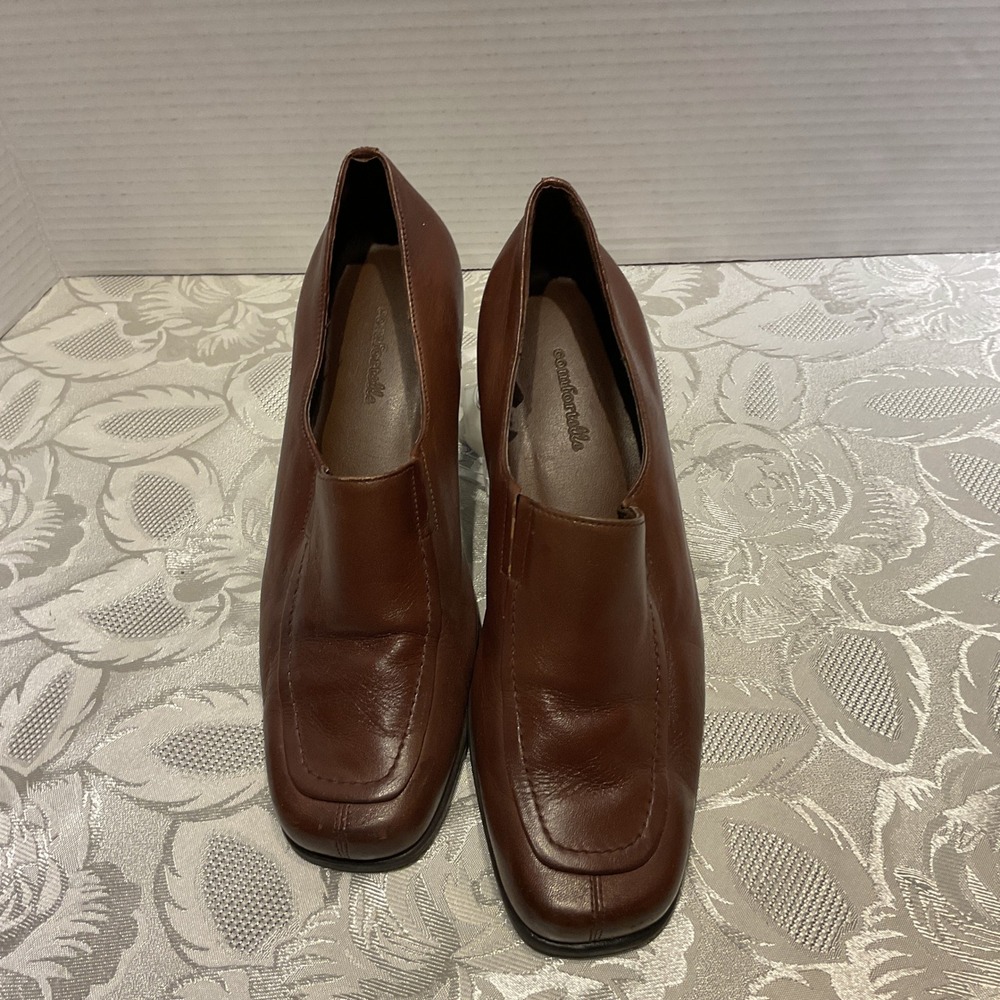Comfortelle Leather Loafers Womens 7.5M Brown Excellent Block Heel Square Toe
